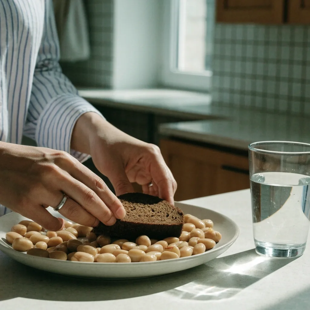 Close overhead of soaked butter beans next to a hand-rolled oat loaf on a birch board