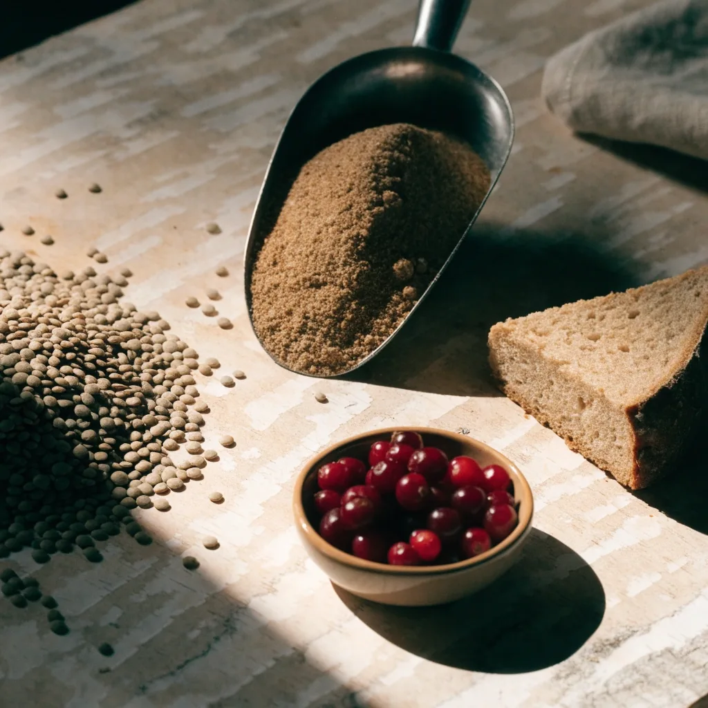 Still life of lentils, rye flour, wholegrain bread and lingonberries on a birch board