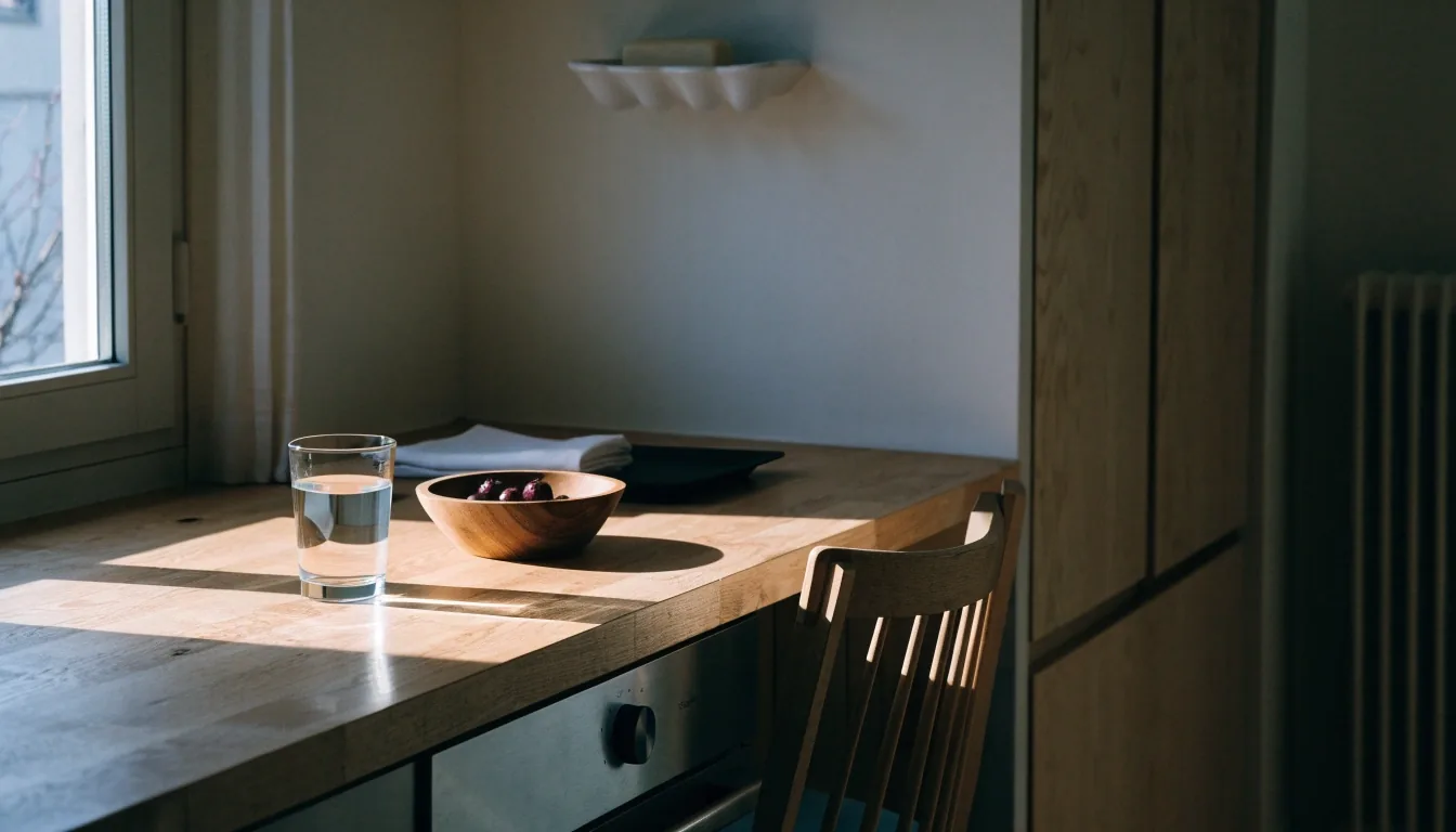 Winter morning light across a birch kitchen counter with a glass of water and a bowl of dark berries