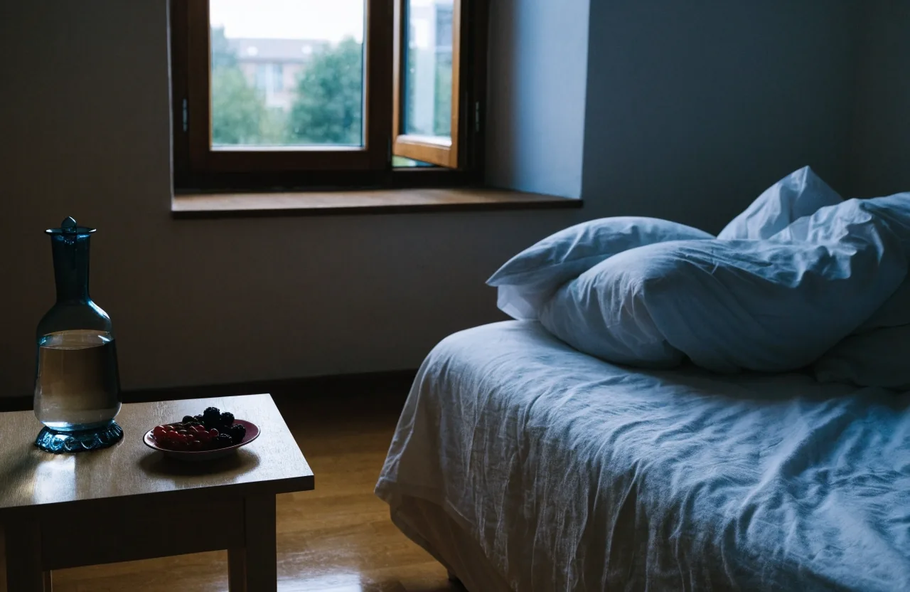 Folded wool blanket on a birch floor beside a glass carafe in low morning light