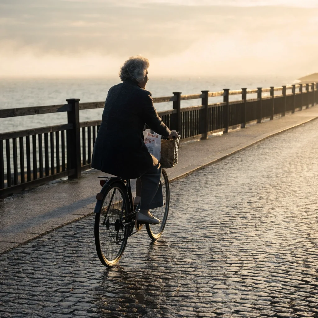 People walking and cycling on a coastal town path on an autumn morning