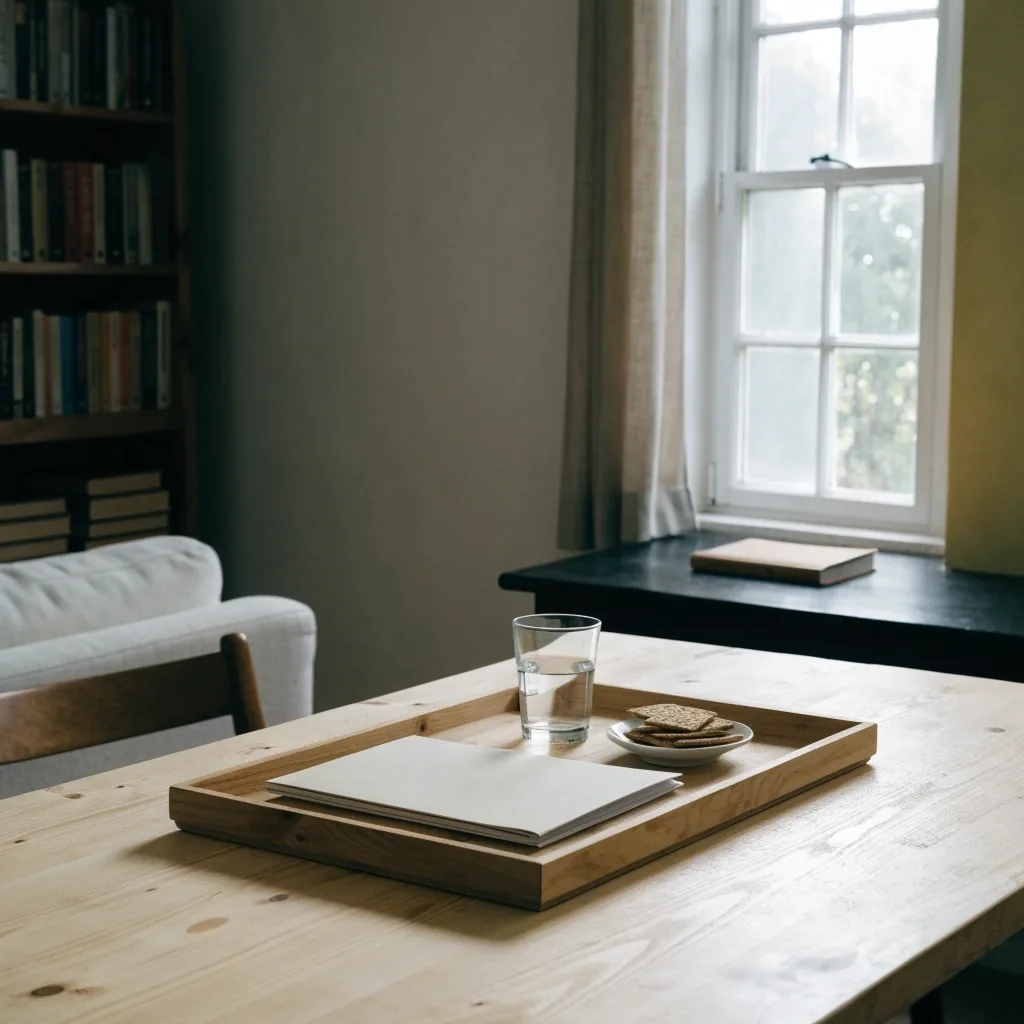 A plain closed folder with a linen cloth and a glass of water on a birch worktop in morning light