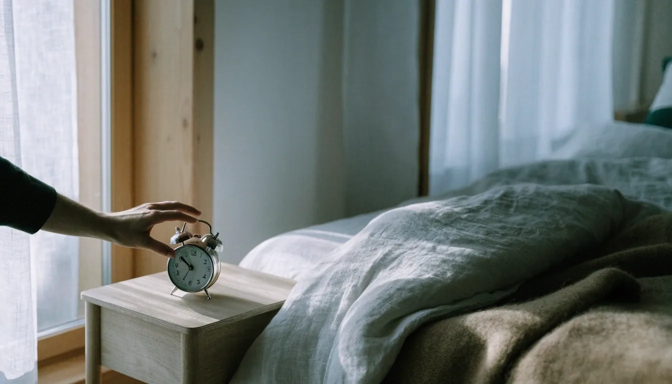 Small bedside clock on a birch stool in a dim bedroom before dawn